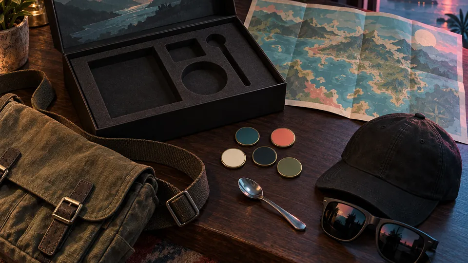 Editorial key art for the Goodtime State Vice City Collection: an open collector box with foam inserts, souvenir map, satchel, pins, spoon and cap on a dark table in warm evening light.