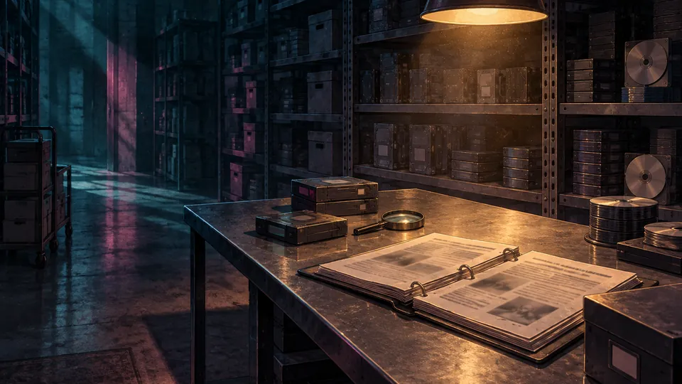 Editorial key art for coverage of the 2022-built Rockstar archive dump that surfaced in September 2026: an archival evidence room with drives, discs, and an open case binder.