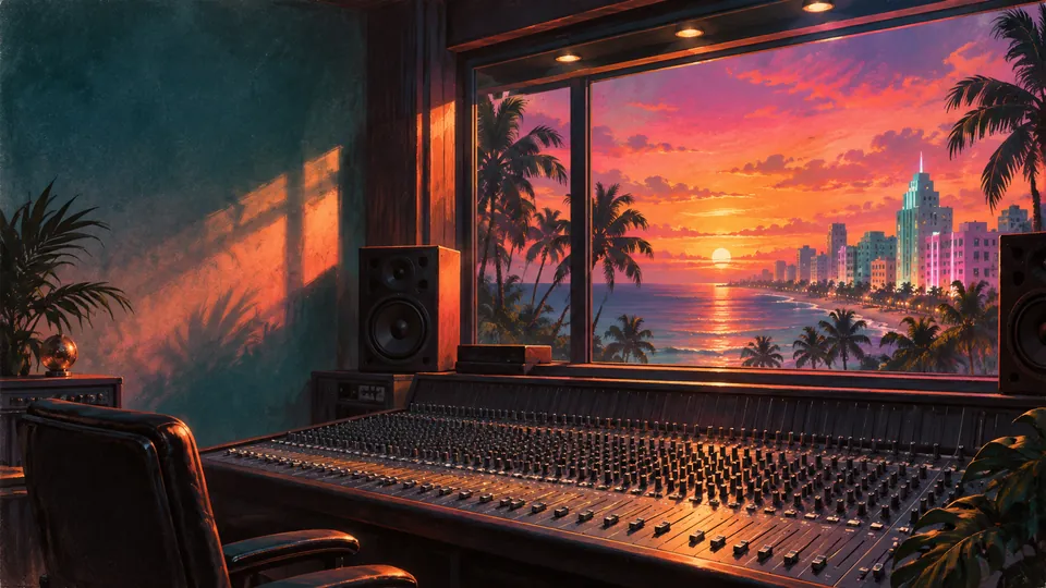 Original Next Vice editorial illustration for Rockstar's Grand Theft Auto VI: The Album announcement. A studio control room frames a coastal sunset, standing in for a 34-track soundtrack record made with Atlantic Records.