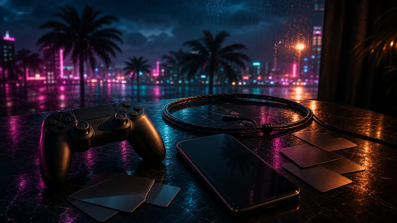 Next Vice editorial key art for fake early-access scam coverage. It uses a controller, dark phone glass, blank payment cards, and a cable snare to show the trap without showing fake scam UI.