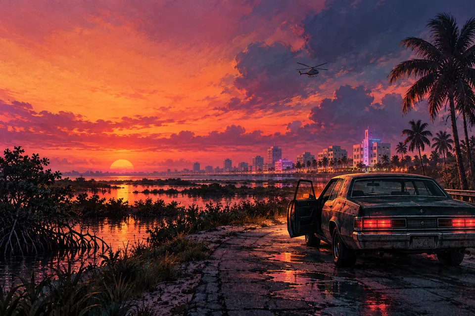 Original Next Vice editorial illustration for coverage of Rockstar's real-world Florida research trips for GTA VI. Generated asset, not official Rockstar art.