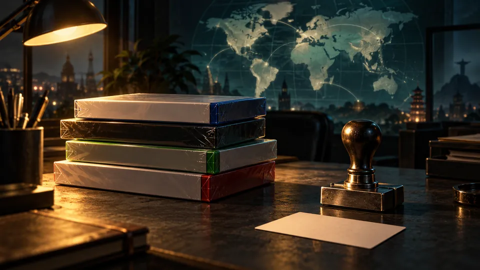 Next Vice editorial key art: a night desk with blank shrink-wrapped game cases and an unmarked grading stamp, used as a metaphor for age-rating and classification boards. Generated editorial illustration, not official Rockstar art.