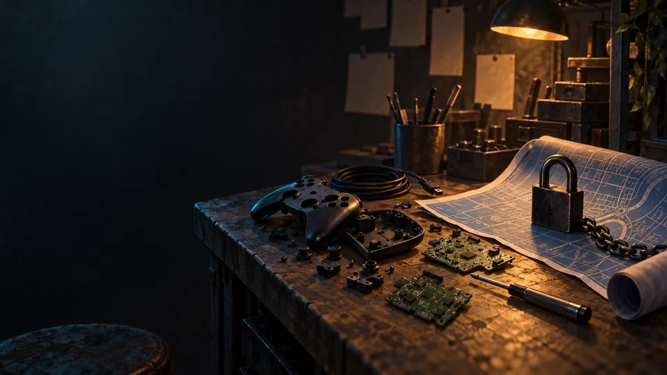 Next Vice editorial key art for Rockstar's updated Mod Guidelines: a disassembled controller and locked blueprint on a workshop bench, representing the new limits on GTA VI-era modding. Generated editorial illustration, not official Rockstar art.