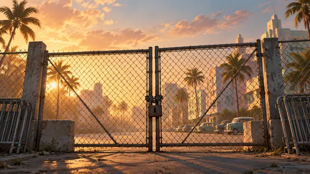 Rockstar Mod Guidelines inline editorial key art - locked gate to Vice City