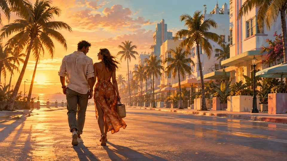 Editorial key art for Next Vice coverage of the Rob Nelson IGN GTA VI interview: a couple walking a golden-hour Vice City street.