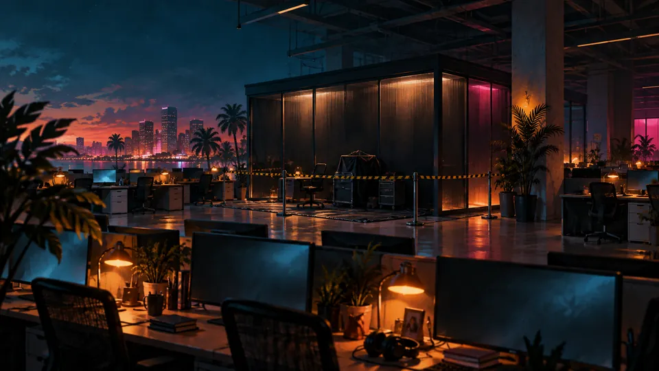 Next Vice editorial key art: a night-time studio floor with a cordoned-off, privacy-filmed team area, used for GTA VI Online and Rockstar confidentiality coverage.