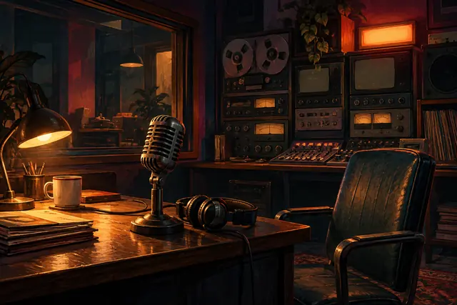 Retro radio broadcast studio inline key art