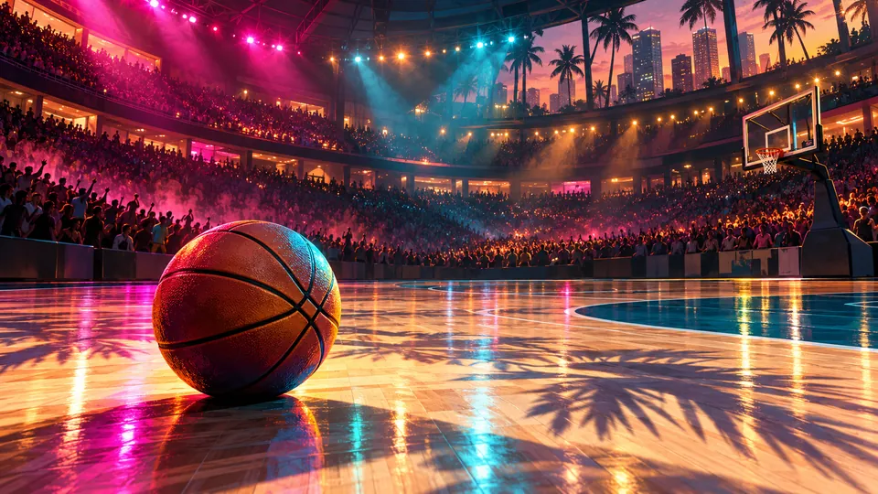 Next Vice editorial key art: an indoor arena at night under magenta and cyan lights, a lone basketball on the polished floor with palm shadows across the hardwood, evoking the GTA VI launch crossover in Miami.