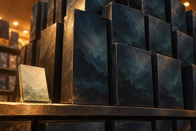 Indie launch-day retail shelf editorial key art: one small box beside a towering blockbuster stack