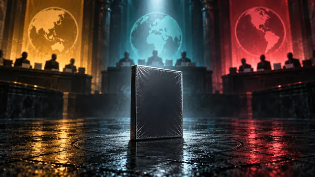 GTA VI international ratings inline key art: single sealed case in a global review tribunal hall