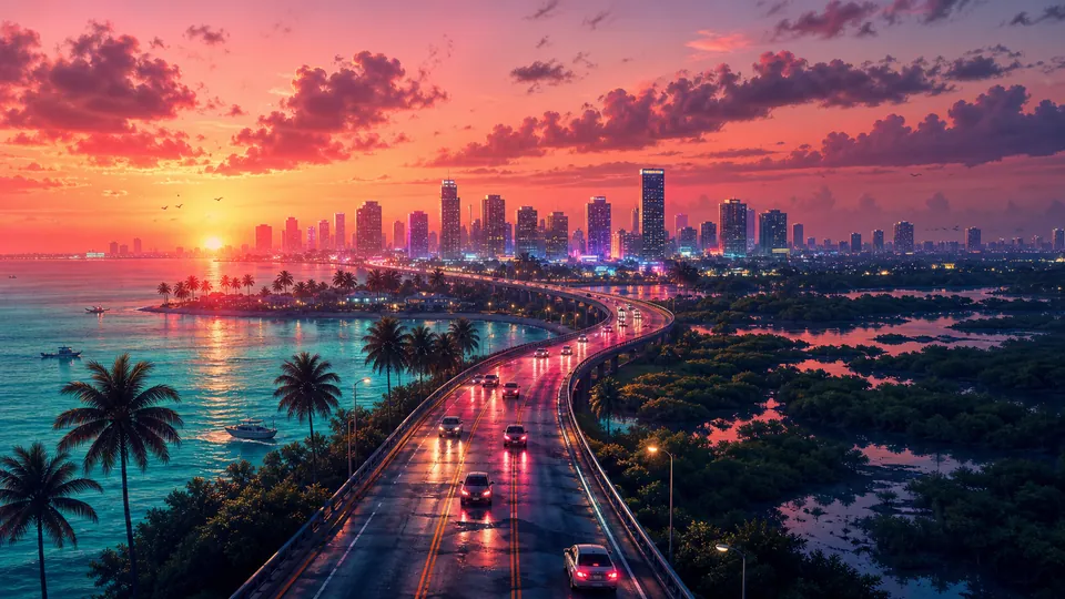 Generated Next Vice editorial key art for Vice City/Leonida setting coverage.