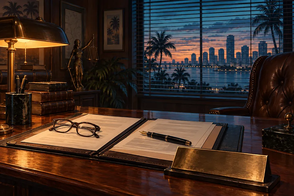 Next Vice editorial key art: an attorney's desk at dusk with filing papers and a coastal skyline, used for coverage of the abandoned WWE 'Vice City' trademark application.