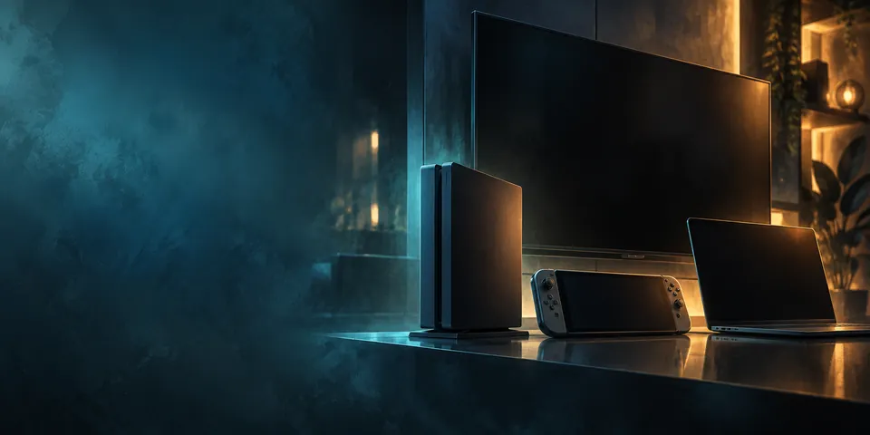 Next Vice editorial key art: a wall of inactive display devices in a dim showroom, standing in for the cloud-streaming and device question around GTA VI.
