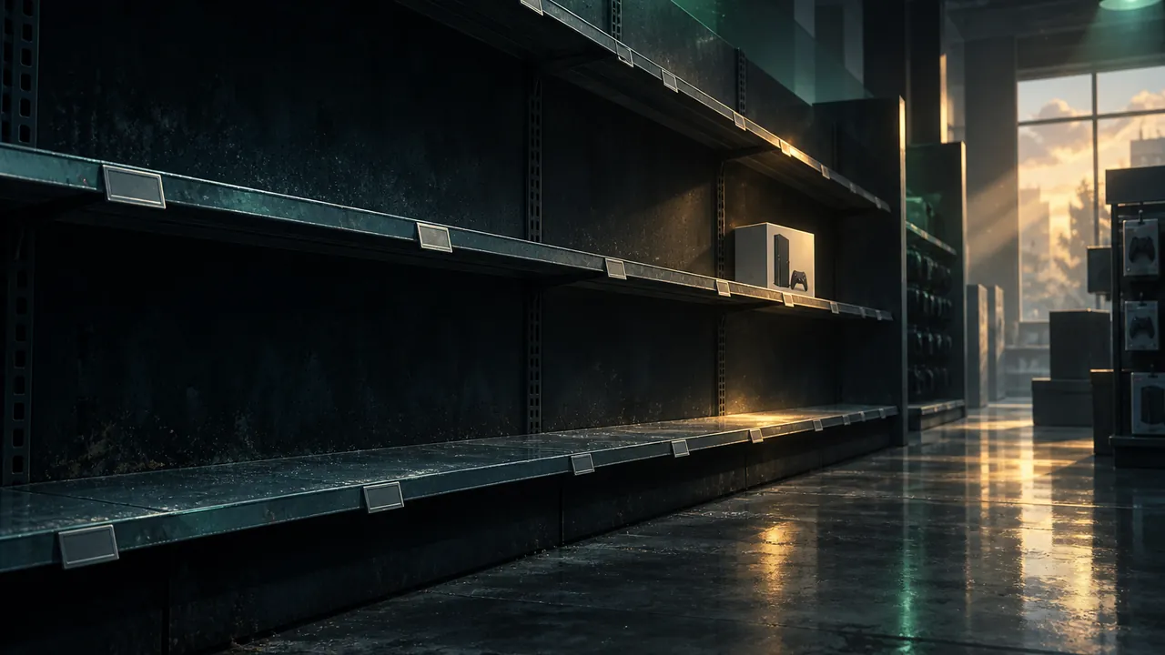 Original Next Vice editorial illustration: an emptied retail console aisle, used to depict the Xbox Series X stock situation ahead of GTA VI.
