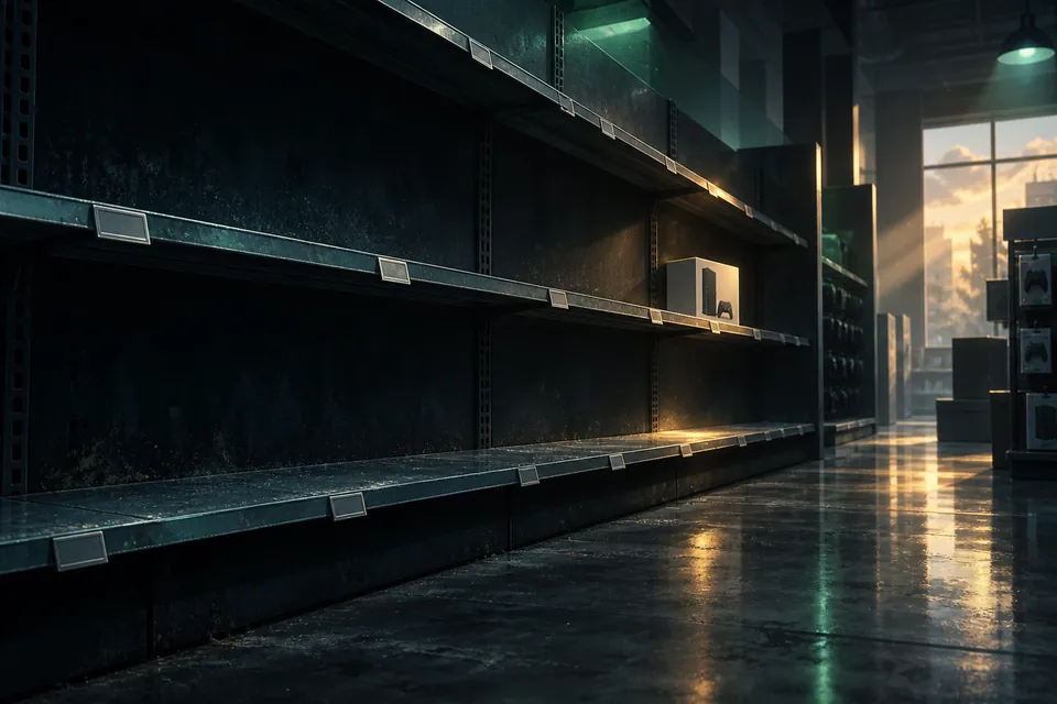 Original Next Vice editorial illustration: an emptied retail console aisle, used to depict the Xbox Series X stock situation ahead of GTA VI.