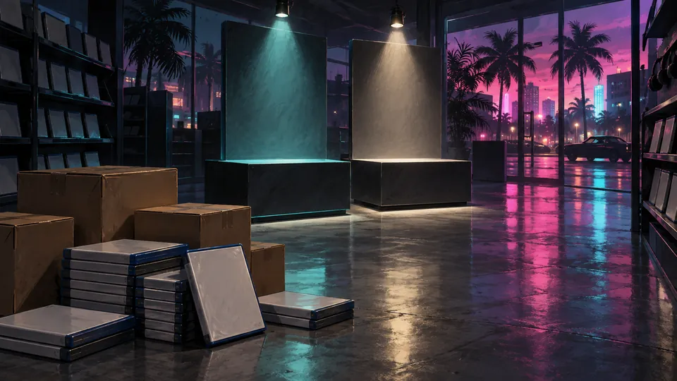 Empty retail display pedestals under split blue and white lighting, with blank unmarked game cases stacked on a polished store floor.