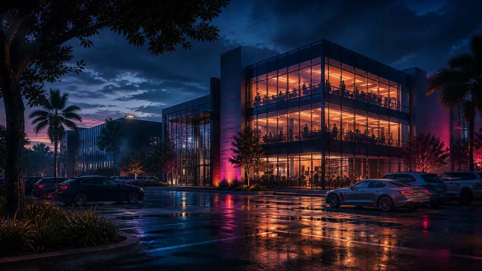 Next Vice editorial key art: a rain-wet glass office building at night, used as a metaphor for official classification and rating-board determinations. Generated editorial illustration, not official Rockstar art.
